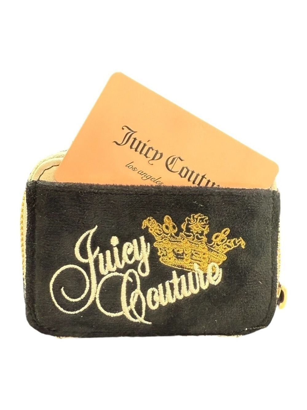 Juicy Couture Velour Zip Card Wallet Black/Beige w/ Crown Logo
